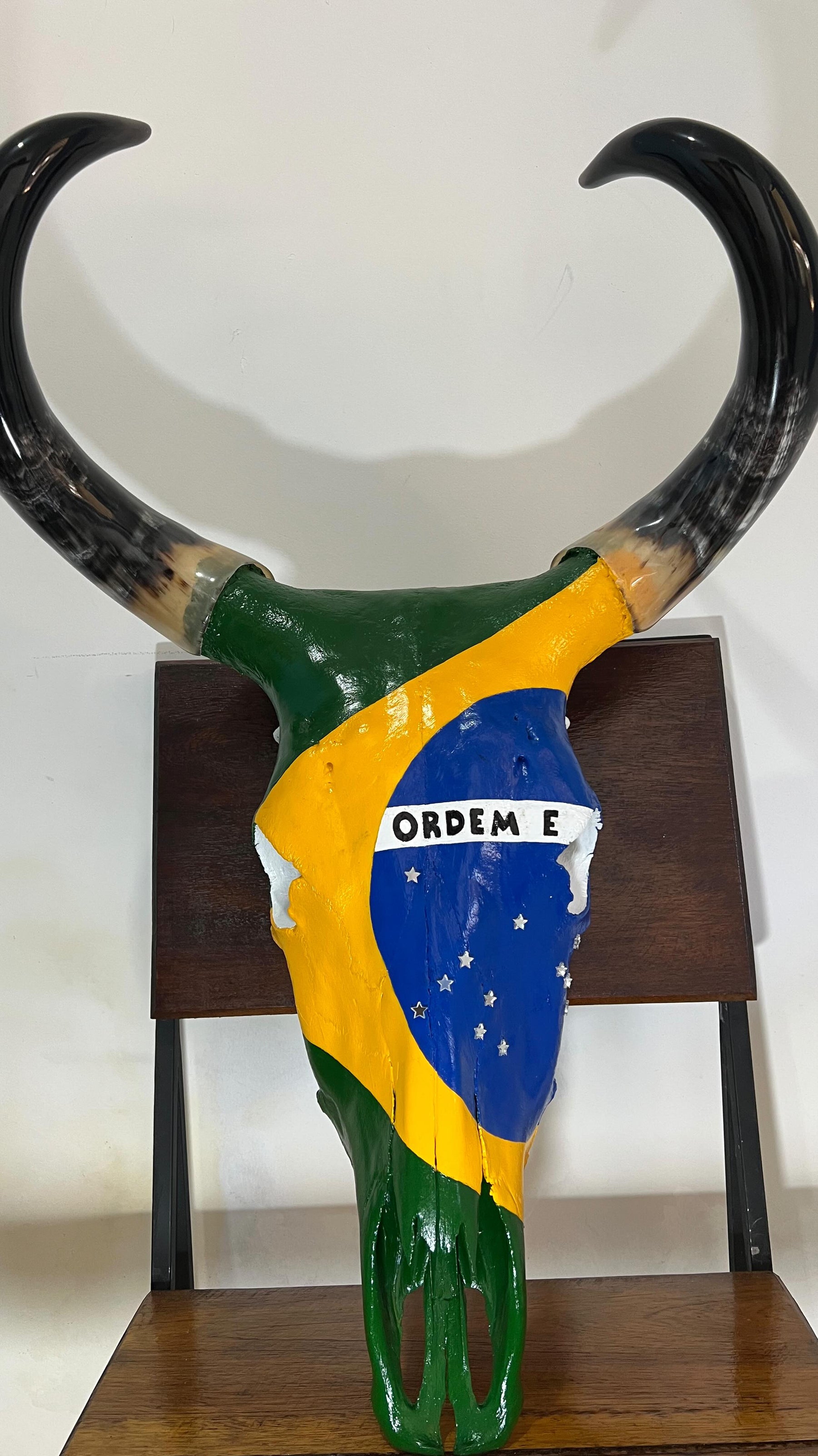 Caveira de Boi Decorativa com Bandeira do Brasil – Estilo Rústico Autêntico