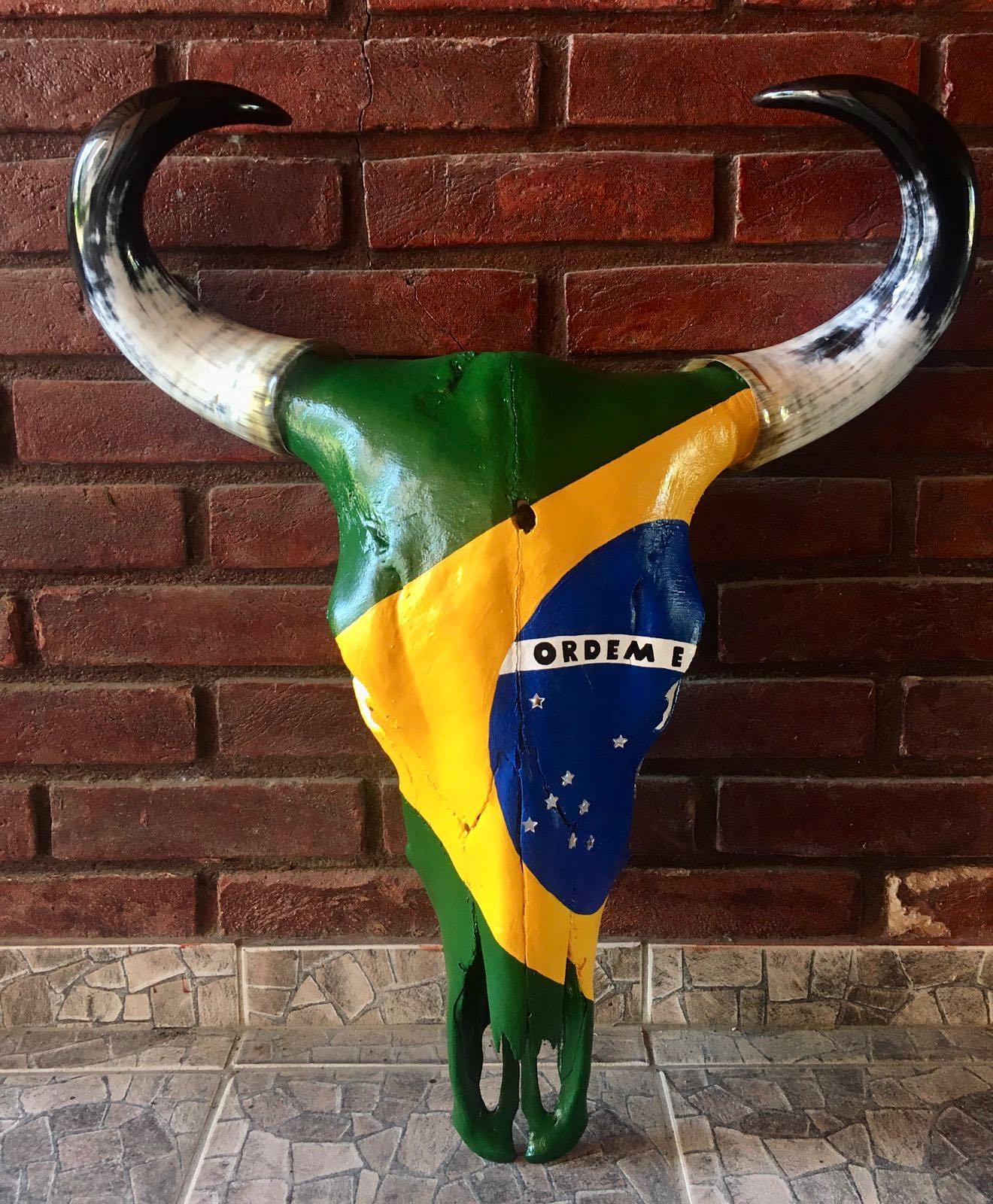 Caveira de Boi Decorativa com Bandeira do Brasil – Estilo Rústico Autêntico