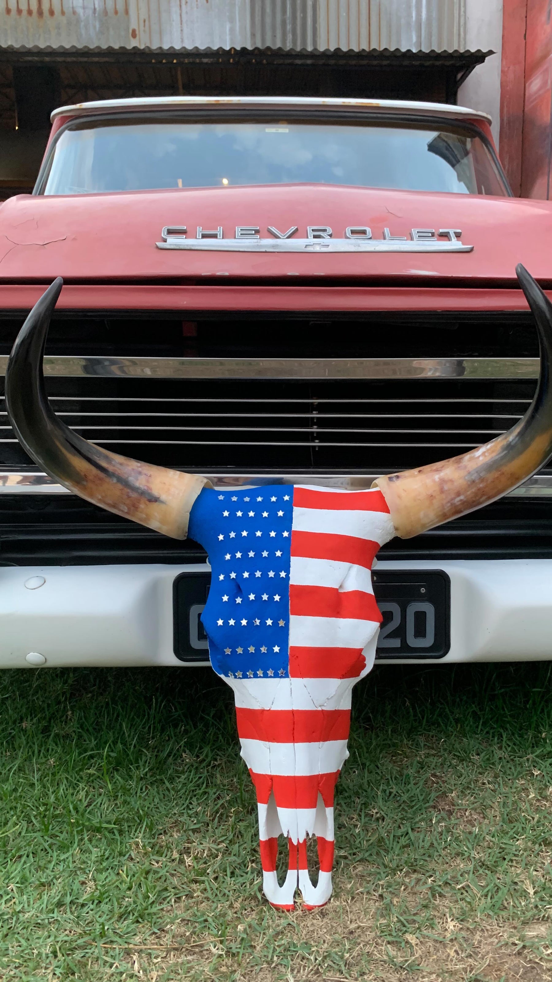 Caveira de Boi Decorativa com Pintura Inspirada na Bandeira do Estados Unidos – Estilo Autêntico