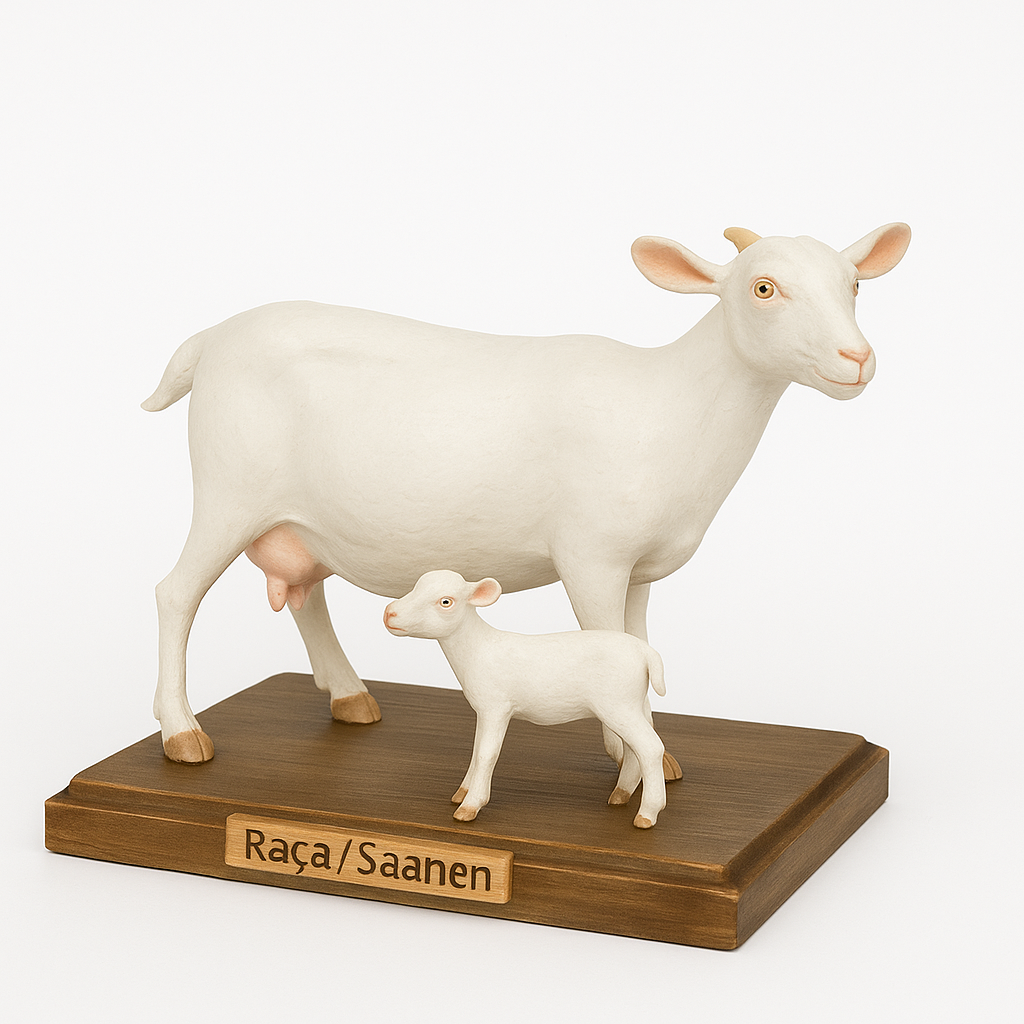 Miniatura Cabra Saanen – Escultura Artesanal em Resina com Base de Madeira