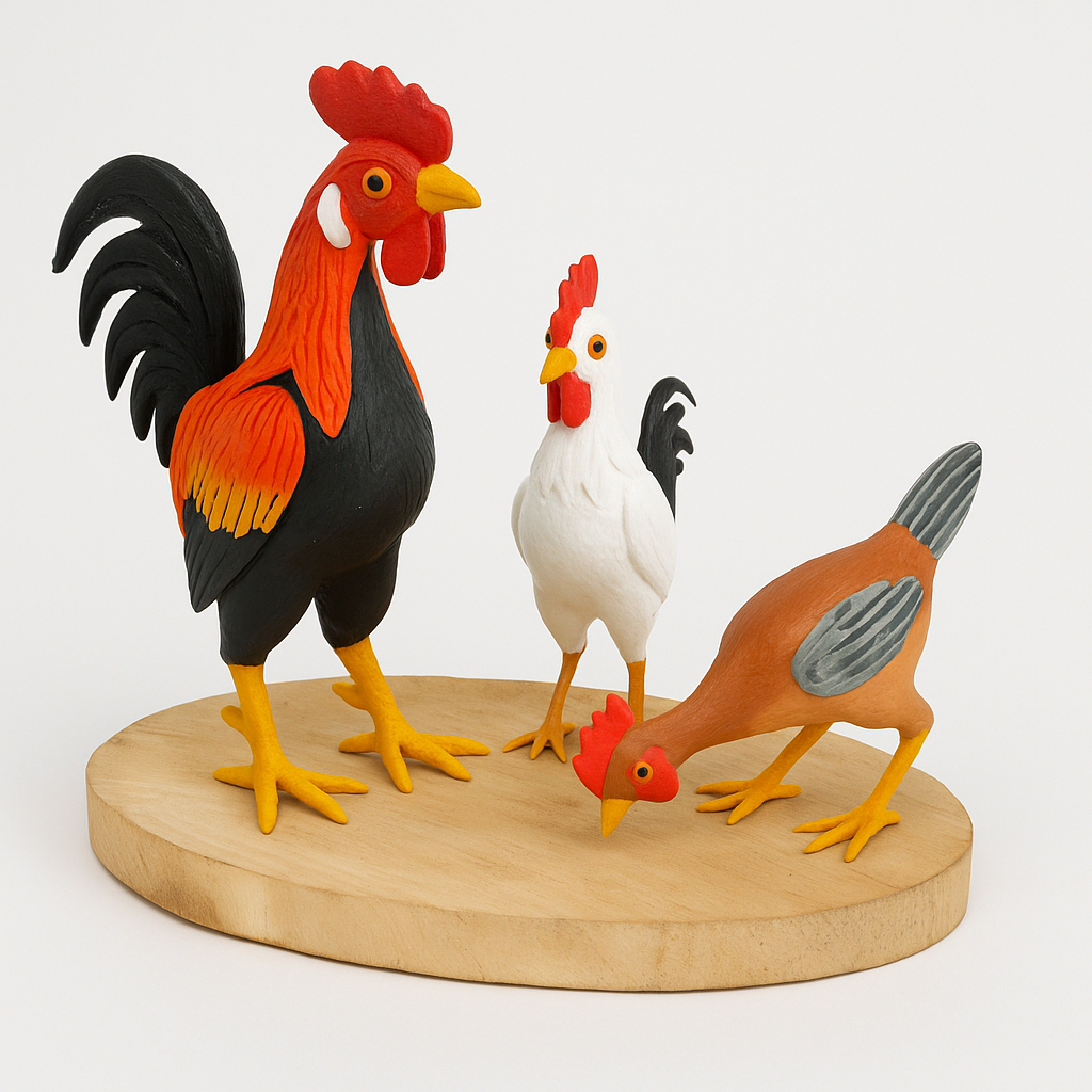 Miniatura de Galos e Galinhas – Escultura Artesanal em Madeira e Resina