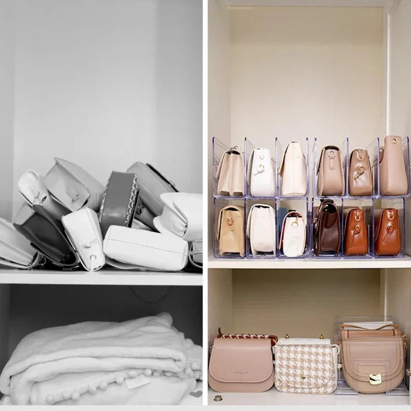 Organizador de Bolsas em Acrílico Com Divisórias p/ 4 Bolsas