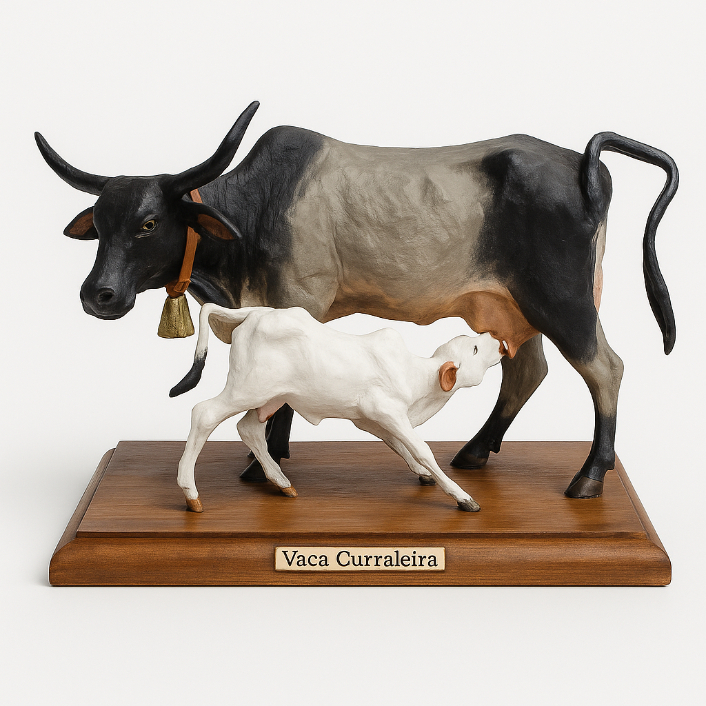 Miniatura Vaca Curraleira com Bezerro – Escultura Artesanal em Resina