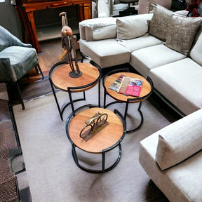 Trio de Mesa Redondo Para Sala em Ferro e Madeira